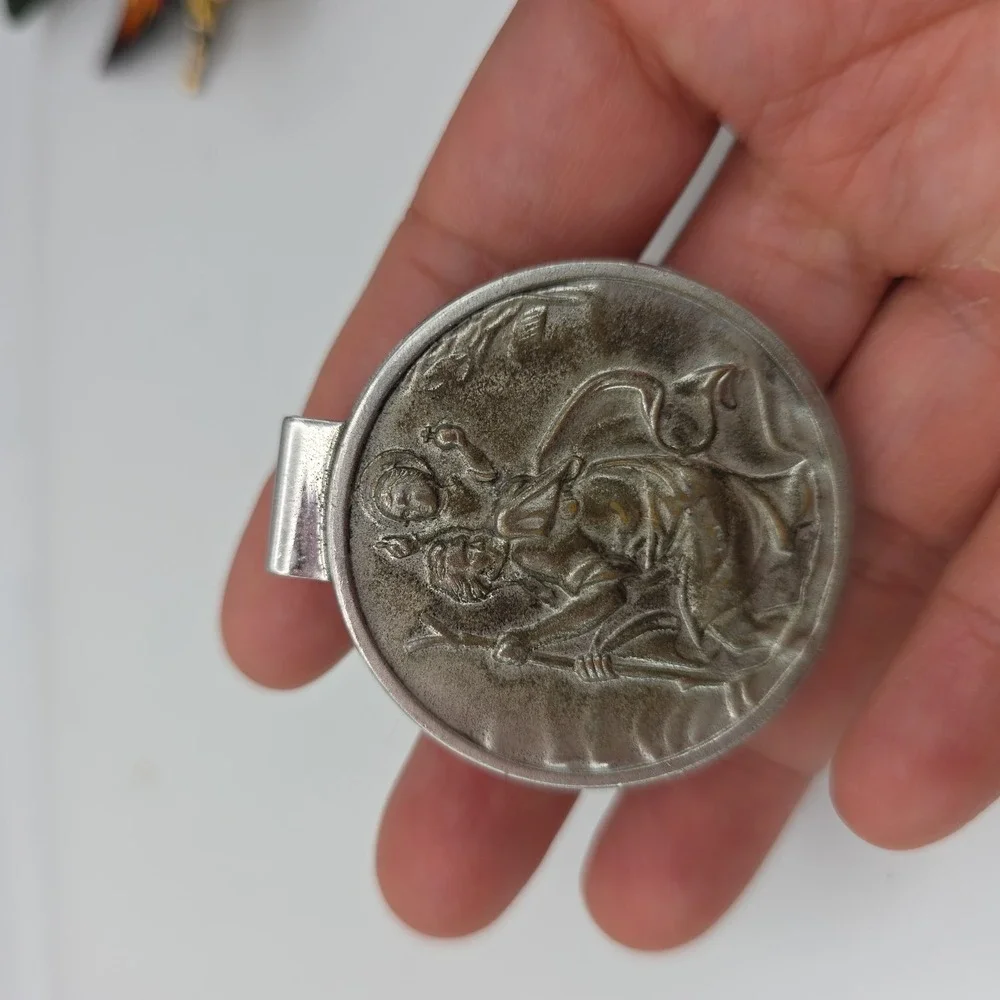Vintage St Christopher Money Clip‎ Round Silver Tone Christian Medal Religious